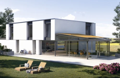 Modernes Wohnhaus mit Wintergarten und Sonnenschutz