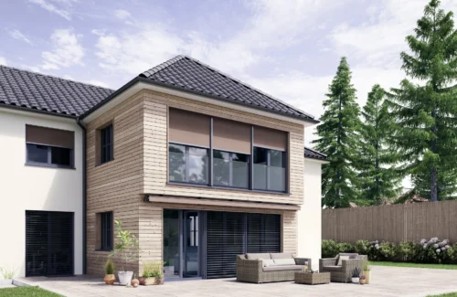 Modernes zweistöckiges Wohnhaus mit Holzverkleidung und Terrasse