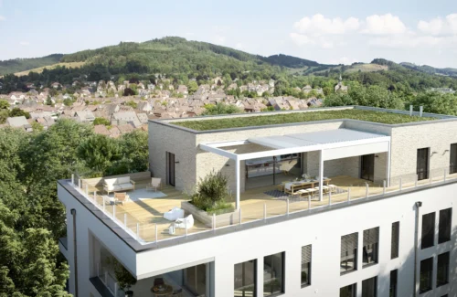 Moderne Penthouse-Wohnung mit Dachterrasse und Panoramablick auf eine malerische Landschaft